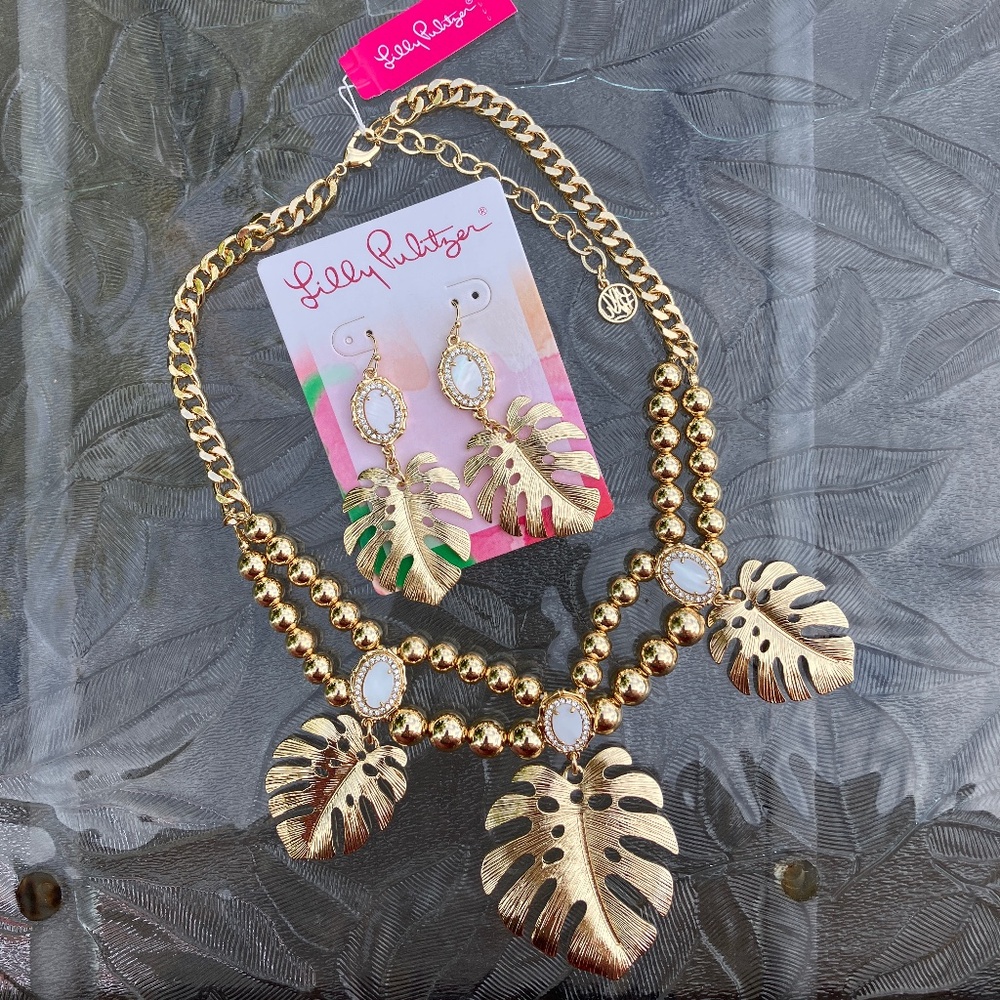 Lilly Pulitzer Gold Tone Monsteral Leaf Necklace And Earrings Set